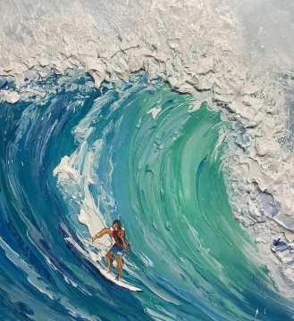 Impressionnisme œuvres - Sport de surf Blue vagues par Couteau à palette détail